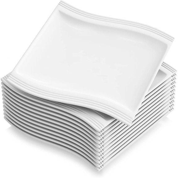 MALACASA, Series Flora, 8.25" Dessert Plates Wave Shaped Ivory White Porcelain China Side Plates Dinner Serving Plates, Set of 12 Dinnerware Set