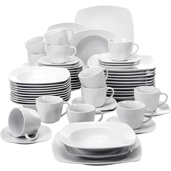 MALACASA JULIA 60-piece porcelain dinnerware set, Off-White service for 12, cups, saucers, plates
