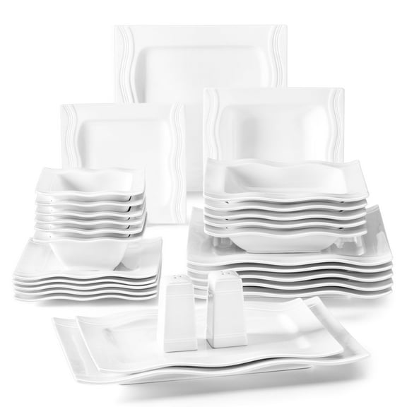 MALACASA, Series Mario, 28-Piece Porcelain Dinnerware Set, Ivory White Dinner Set, Service for 6
