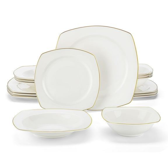 MALACASA Series RAFA, 16-Piece Bone China Dinnerware Set, White with Golden Rim dinner Sets, Service for 4