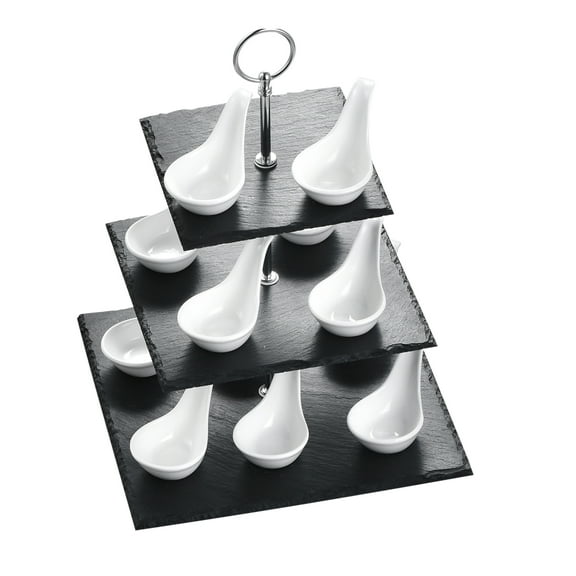 MALACASA, Series Sweet.Time, Natural Slate Stone Square Cake Stands Three Tiers with 12 pieces Porcelain Ramekin Dishes Snack Dishes