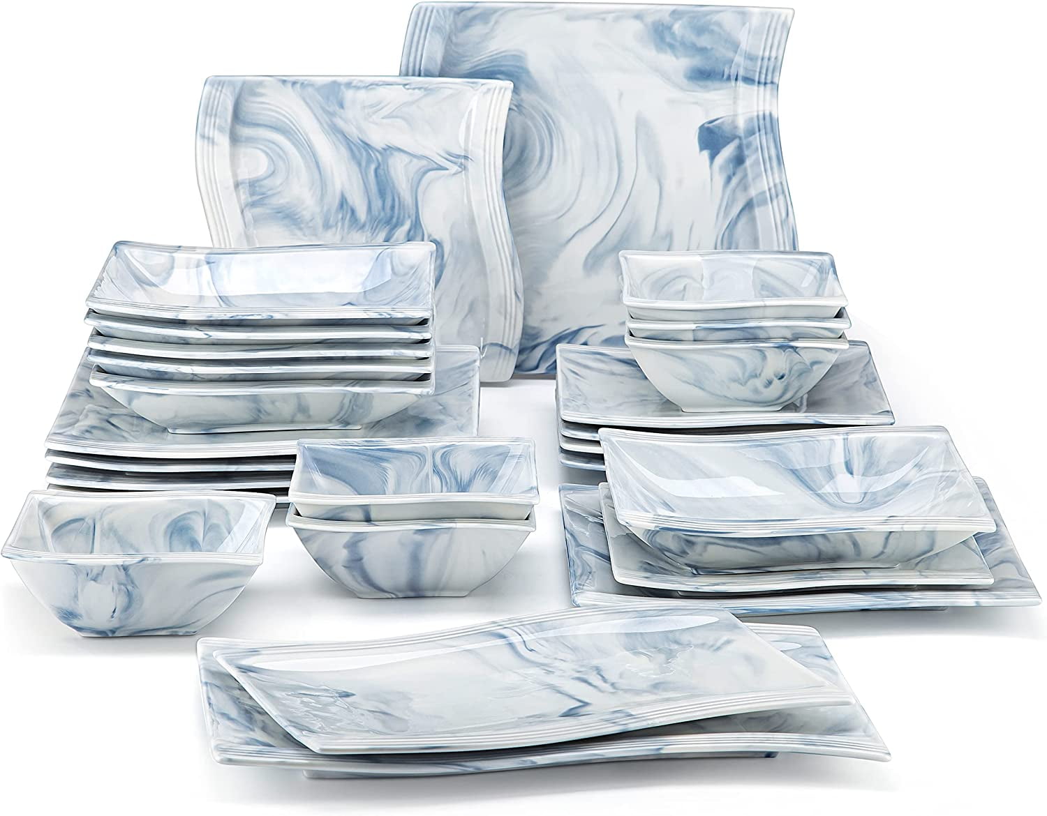 MALACASA Square Dinnerware Sets 26Piece Marble Grey Plates and Bowls