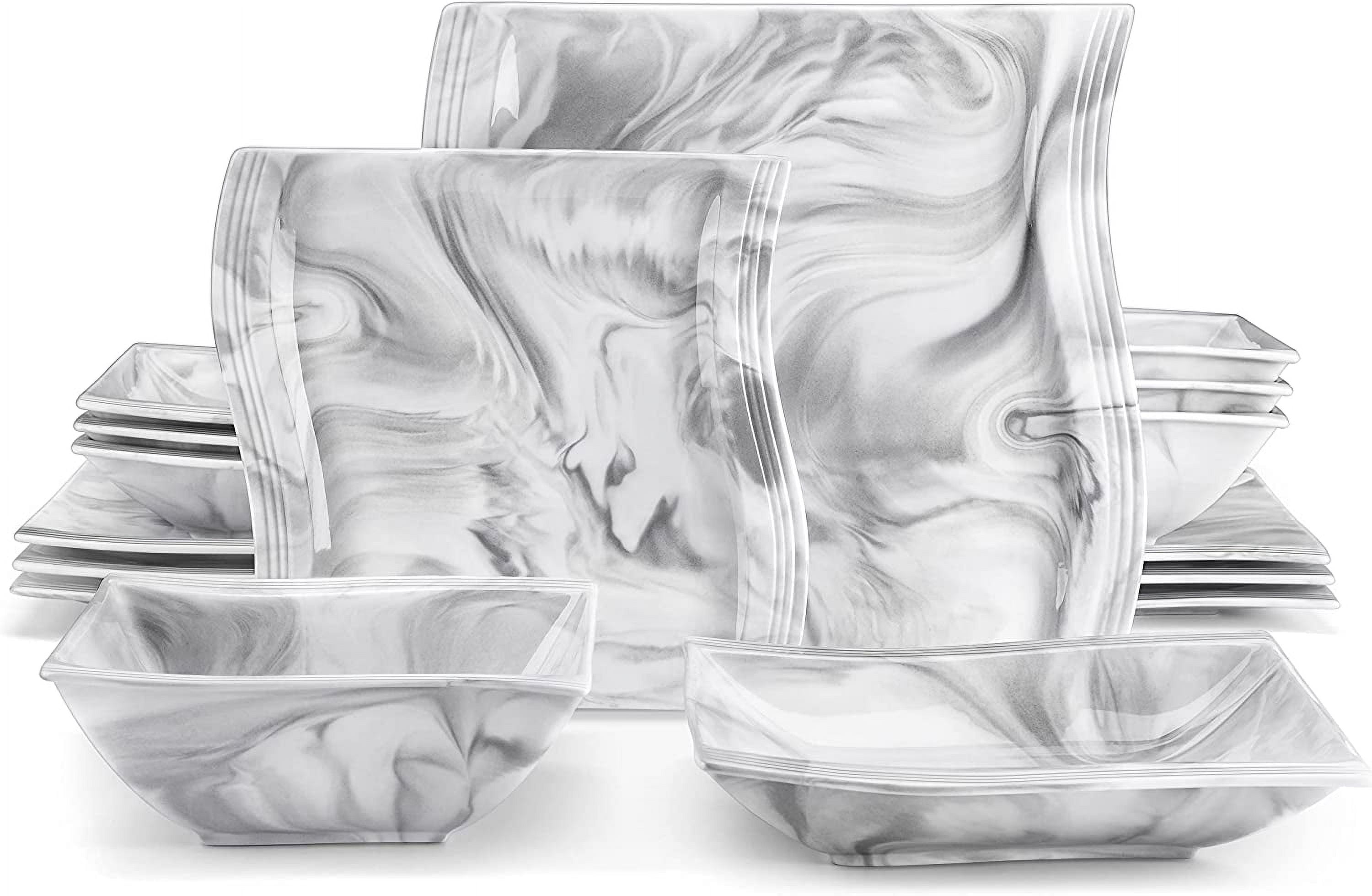 MALACASA Square Dinnerware Sets 26Piece Marble Grey Plates and Bowls