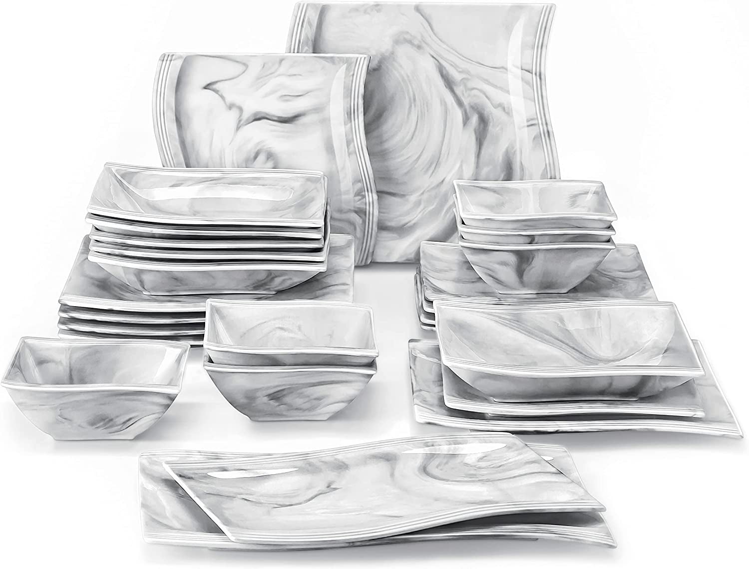 MALACASA Square Dinnerware Sets 26Piece Marble Grey Plates and Bowls