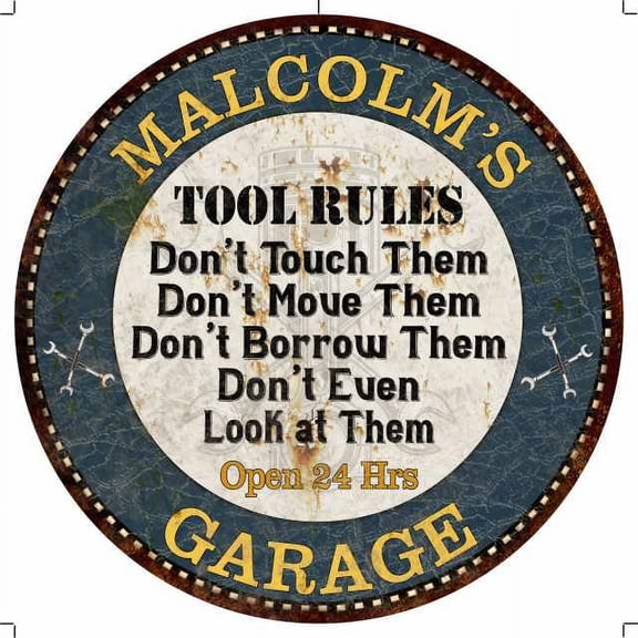 MALCOLM'S Garage Rules 14" Round Metal Sign Garage Wall Decor 100140015417