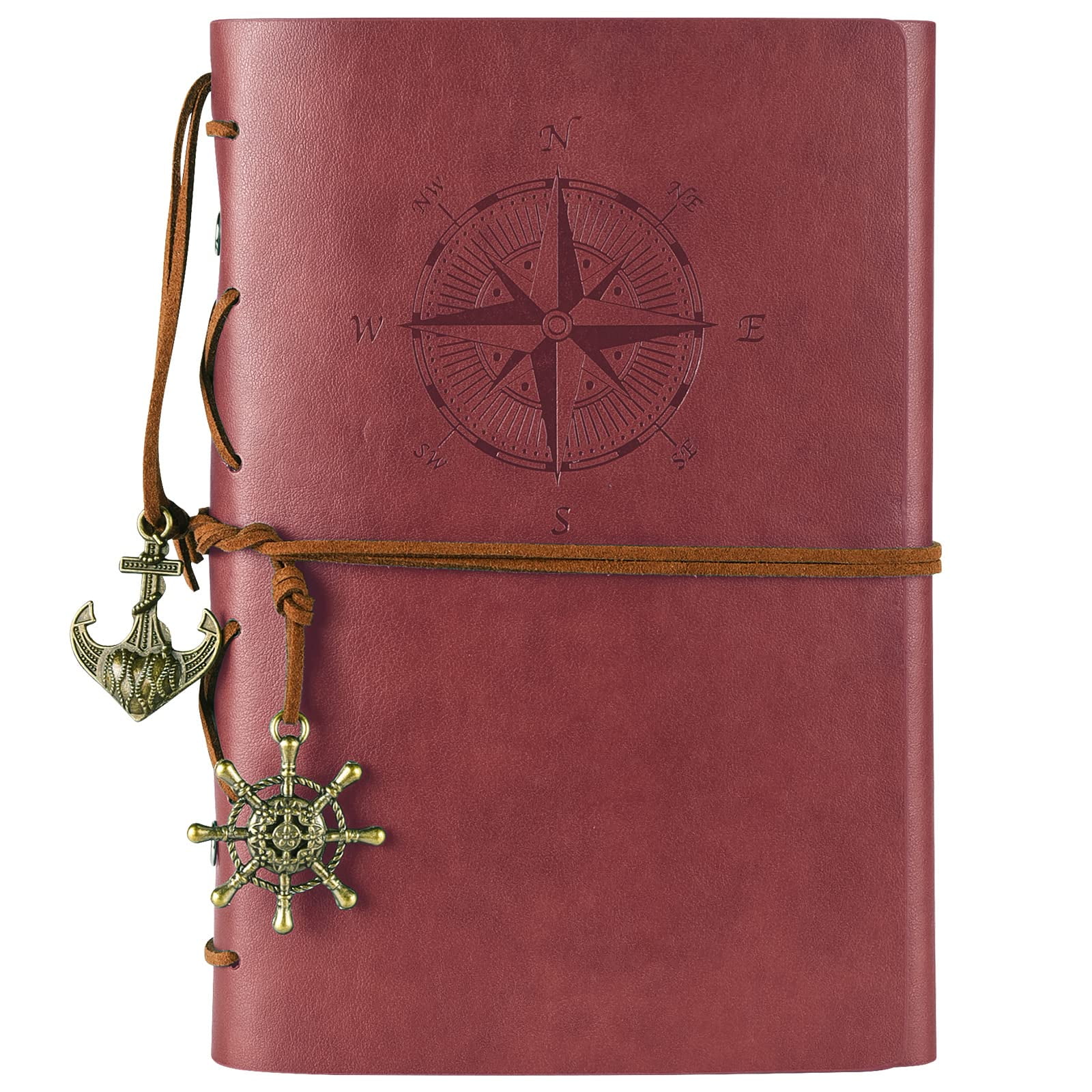MALEDEN Leather Journal Refillable, Premium Spiral Notebook Classic Binder Vintage Embossed Travelers Journal with Blank Paper and Retro Pendants (Red)
