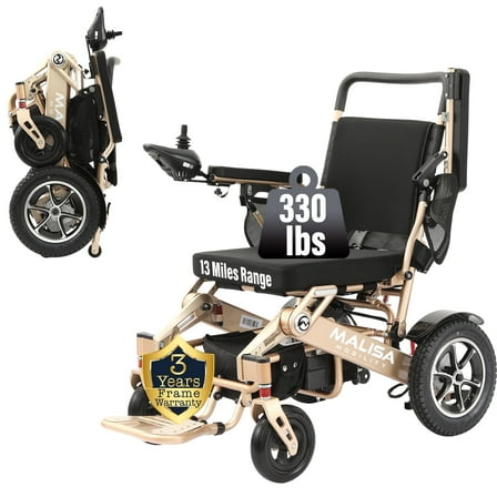 MALISA All Terrain Lightweight Foldable Electric Wheelchair for Adults with Bluetooth Remote, Bronze, 330 lb Limit