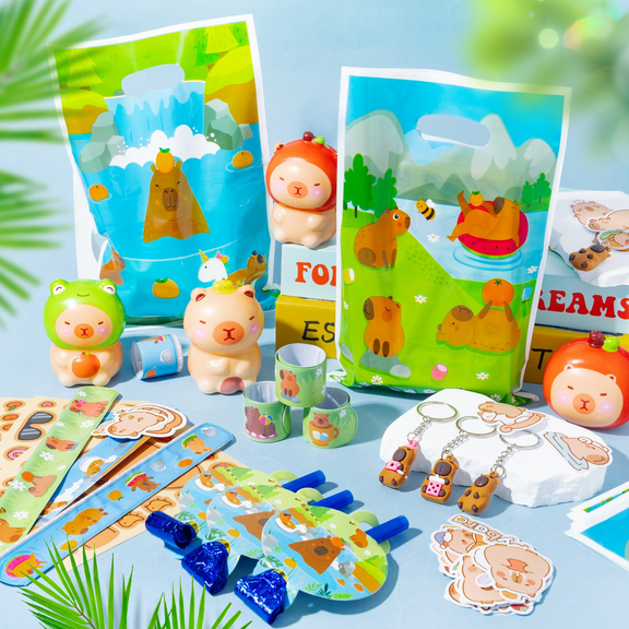 MALLMALL6 116Pcs Capybara Party Favors for Teaching Prizes Party Return Gifts,Includes Fidget Toys, Blow Dragons, Gift Bags, Slap Bracelets, Keychains and Stickers