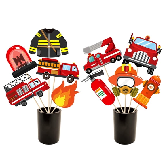 MALLMALL6 Fire Truck Paper Centerpiece Sticks for Fireman Themed Party Decorations,30Counts