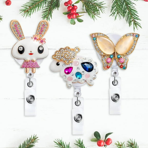 MALLMALL6 3Pcs Easter Rabbit Badge Reel Rhinestone Animals Shape Soft Rubber Easy-to-pull Buckle Clips