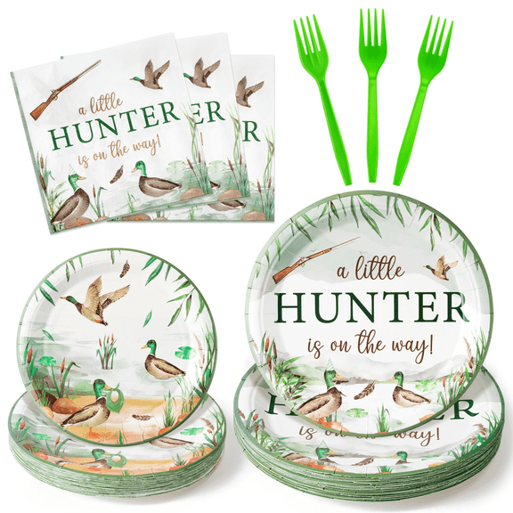 MALLMALL6 96Pcs Mallard Duck Party Tableware for Birthday Baby Shower, Paper Plates Napkins Forks Tableware Set