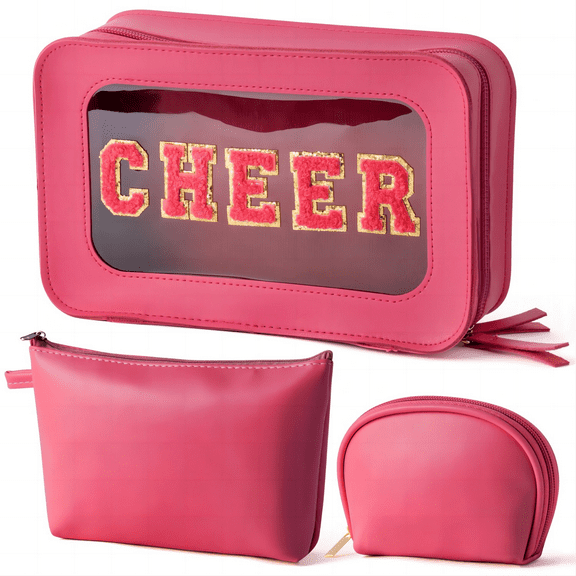 MALLMALL6 CHEER Transparent Leather Cosmetic Bag for Travel, Toiletry Organizer,Rose Red,3pcs