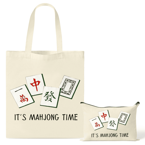 MALLMALL6 Mahjong Theme Canvas Tote Bag with Zipper Pouch, 2-Piece