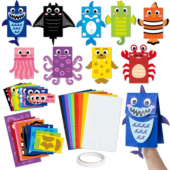 MALLMALL6 Ocean Animals Paper Hand Puppets DIY Craft Kit, Includes Cardstock, Paper Bags & Double-Sided Tape for Party Storytelling Props,9 Pack