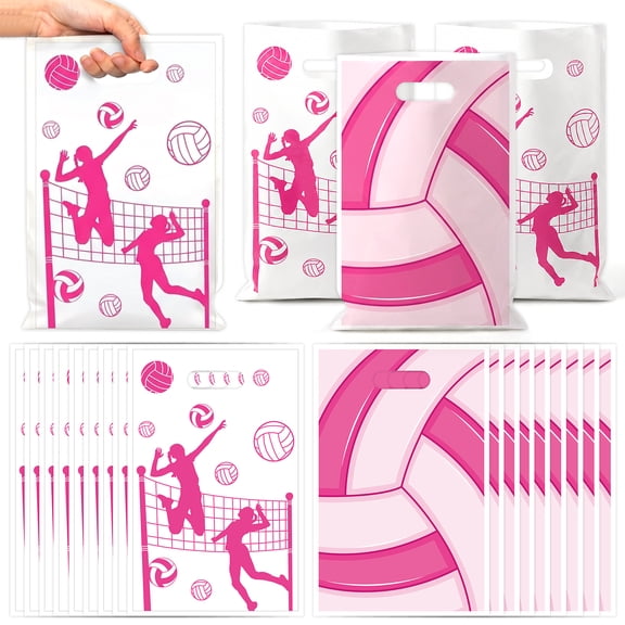 MALLMALL6 Volleyball Party Gift Bags with Handle,Pink,Plastic Waterproof,50 Counts