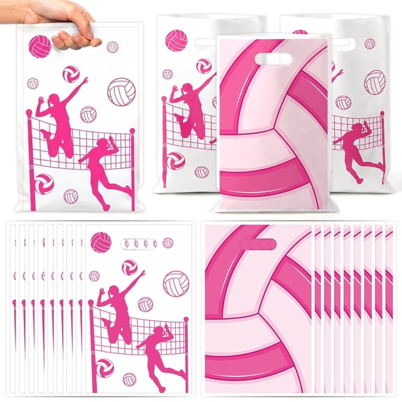 MALLMALL6 Volleyball Party Gift Bags with Handle,Pink,Plastic Waterproof,50 Counts