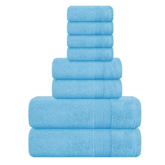 MALLONI HOME 8 Piece Towel Set 100% Ring Spun Cotton, 2 Bath Towels 27x54, 2 Hand Towels 16x28 and 4 Washcloths 13x13 - Ultra Soft Highly Absorbent Machine Washable Hotel Spa Quality - Sky Blue