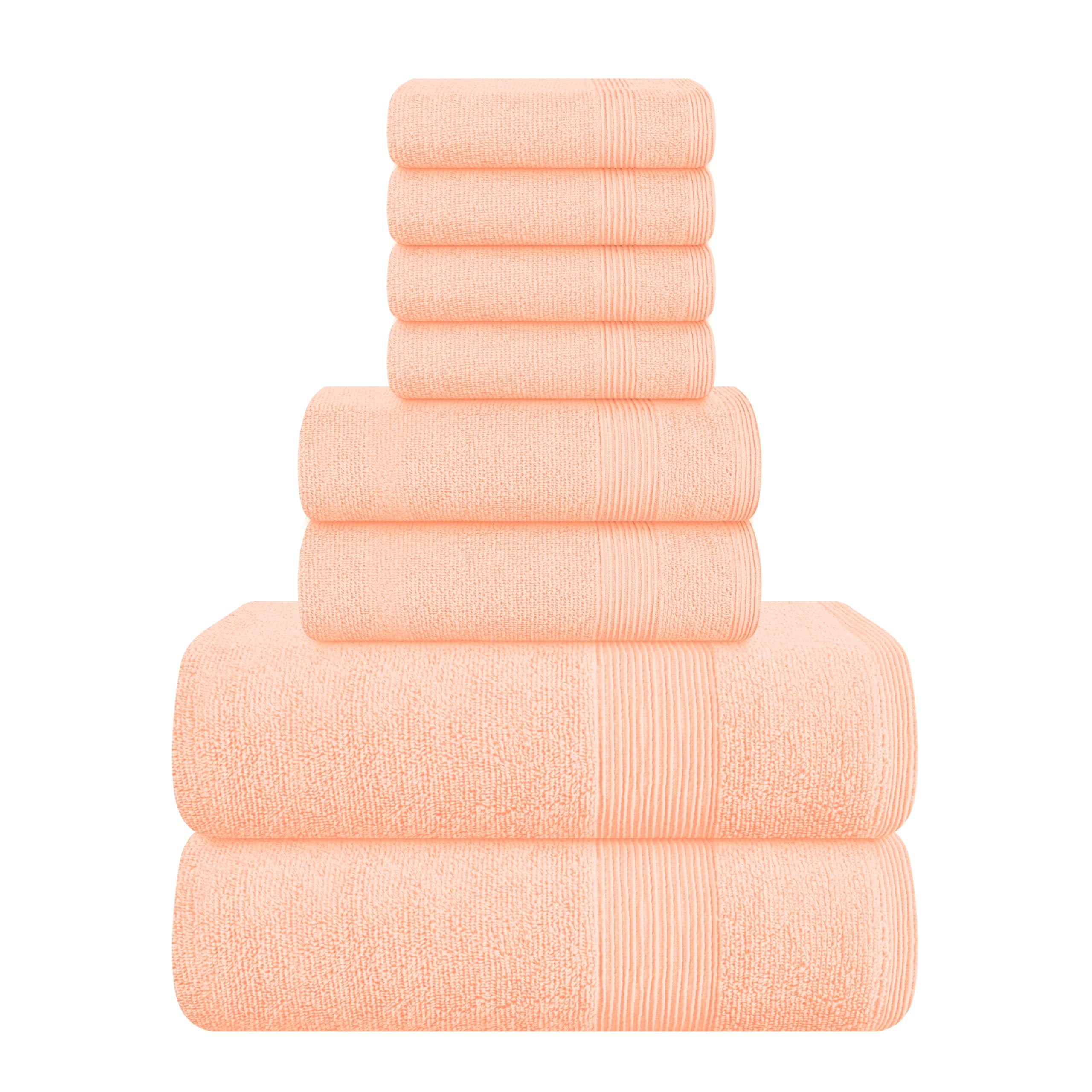 MALLONI HOME 8 Piece Towel Set 100% Ring Spun Cotton, 2 Bath Towels 27x54, 2 Hand Towels 16x28 and 4 Washcloths 13x13 - Ultra Soft Highly Absorbent Machine Washable Hotel Spa Quality - Peach