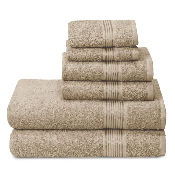 MALLONI HOME Ultra Soft 6 Pack Cotton Towel Set, Contains 2 Bath Towels 28x55 inch, 2 Hand Towels 16x24 inch & 2 Wash Coths 12x12 inch, Ideal Everyday use, Compact & Lightweight - Tan