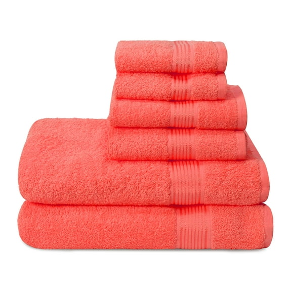 MALLONI HOME Ultra Soft 6 Pack Cotton Towel Set, Contains 2 Bath Towels 28x55 inch, 2 Hand Towels 16x24 inch & 2 Wash Coths 12x12 inch, Ideal for Everyday use, Compact & Lightweight - Coral Orange