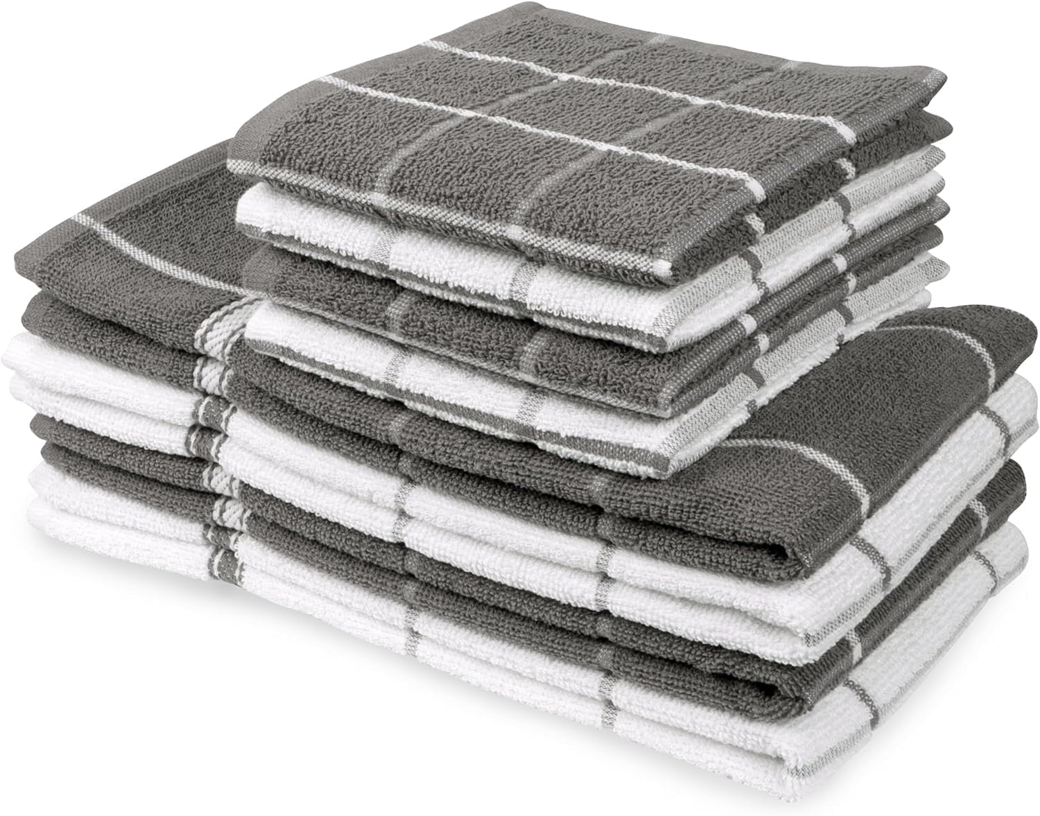 MALLOWEX Kitchen Towel and Dishcloth Set, Pack of 8 | 12 x 12 and 16 x 26 Inches | Super Soft and Absorbent | 100% Cotton Dish Rags for Drying Dishes | Light Grey