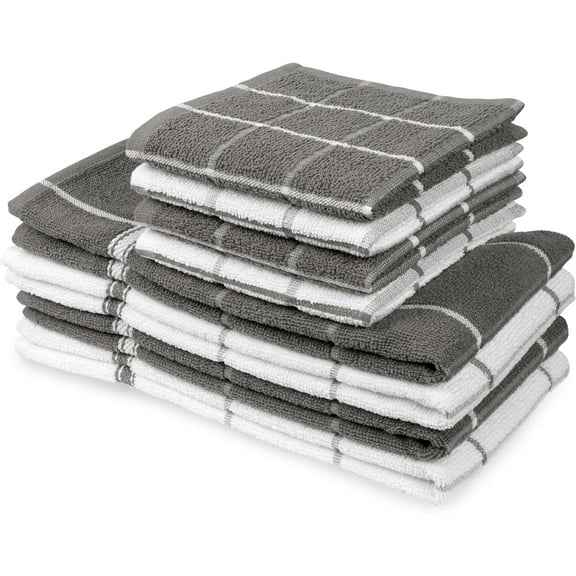 MALLOWEX Kitchen Towel and Dishcloth Set, Pack of 8 | 12 x 12 and 16 x 26 Inches | Super Soft and Absorbent | 100% Cotton Dish Rags for Drying Dishes | Light Grey