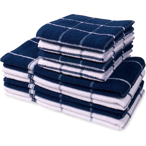 MALLOWEX 100% Cotton Kitchen Towel and Dishcloth Set, 8-Pack (12x12 & 16x26 in), Navy Blue