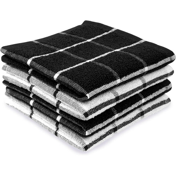 MALLOWEX Terry Kitchen Dish Cloth Set of 4 | 12 x 12 inches | Super Soft and Absorbent Towels |100% Cotton Dish Rags for Drying Dishes | Quick Drying | Black