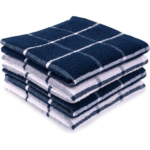 MALLOWEX Terry Kitchen Dish Cloth Set of 4 | 12 x 12 inches | Super Soft and Absorbent | 100% Cotton Rags for Drying Dishes | Navy Blue