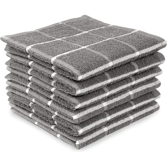 MALLOWEX Terry Kitchen Dish Cloth Set of 6 Solid | 12 x 12 inches | Super Soft and Absorbent | 100% Cotton Rags for Drying Dishes | Light Gray