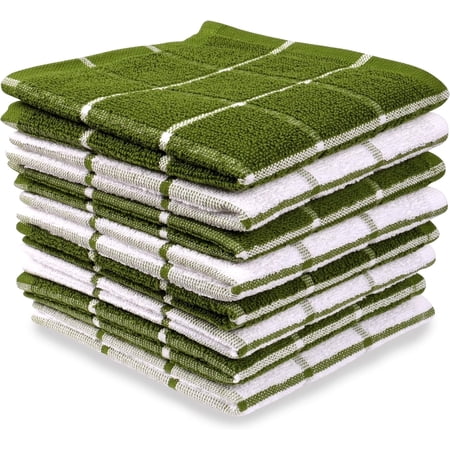 MALLOWEX Terry Kitchen Dish Cloth Set of 8 | 12 x 12 inches | Super Soft and Absorbent Dish Towels | 100% Cotton Rags for Drying Dishes | Quick Drying Kitchen Towel | Green