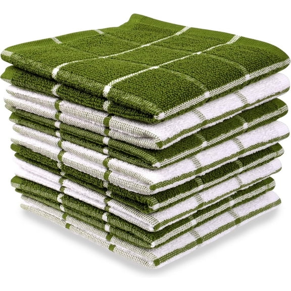 MALLOWEX Terry Kitchen Dish Cloth Set of 8 | 12 x 12 inches | Super Soft and Absorbent Dish Towels | 100% Cotton Rags for Drying Dishes | Quick Drying Kitchen Towel | Green