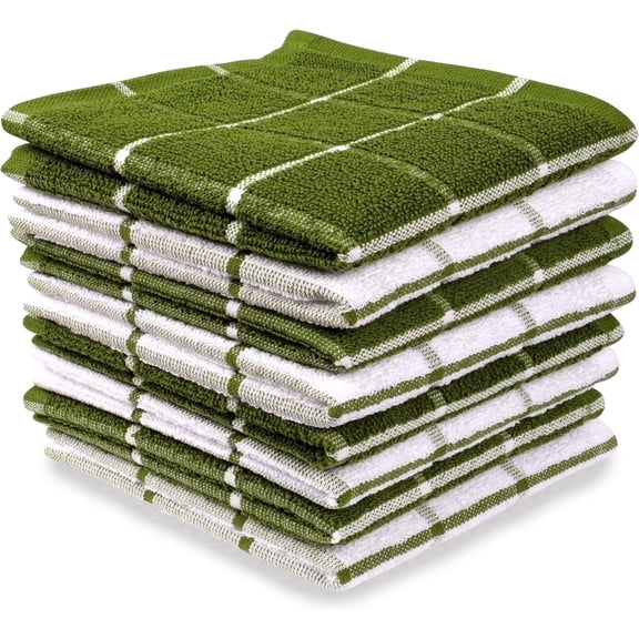 MALLOWEX 100% Cotton Terry Kitchen Dish Cloth Set, 12 x 12 in, Green, 8 Pack
