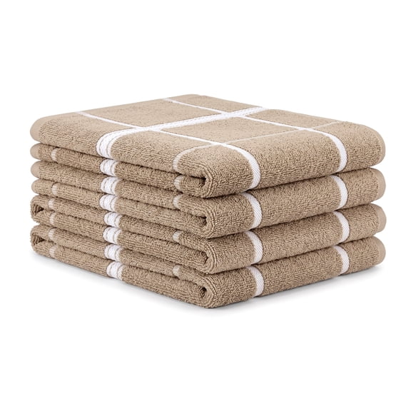 MALLOWEX Terry Kitchen Towels, Super Soft and Absorbent, Solid Checks, Dish Towels, Tan, 4-Count, 16 x 26 Inches