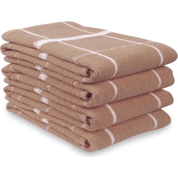 MALLOWEX Terry Kitchen Towels Set of 4 Solid Checks | Dish Towels 16 x 26 Inches | Super Soft and Absorbent |100% Cotton Dish Rags for Drying Dishes | Quick Drying Kitchen Hand Towels | Tan