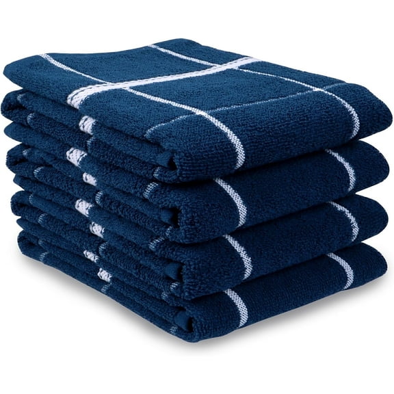 MALLOWEX Terry Kitchen Towels Set of 4 Solid Checks | Dish Towels 16 x 26 Inches | Super Soft and Absorbent |100% Cotton Dish Rags for Drying Dishes | Quick Drying Kitchen Hand Towels | Navy Blue