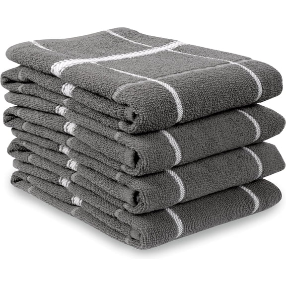 MALLOWEX Terry Kitchen Towels Set of 4 Solid Checks | Dish Towels 16 x 26 Inches | Super Soft and Absorbent |100% Cotton Dish Rags for Drying Dishes | Quick Drying Kitchen Hand Towels | Light Grey