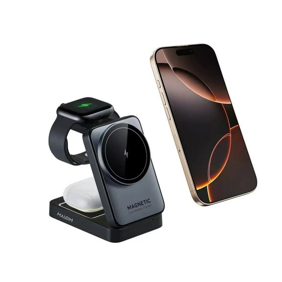 MALOM 3-in-1 MagSafe Wireless Charging Station for iPhone 16/15/14/13/12 Pro Max, Apple Watch & AirPods, Foldable 20W Charger Dock w/ Night Light, Travel Charging Pad, Black