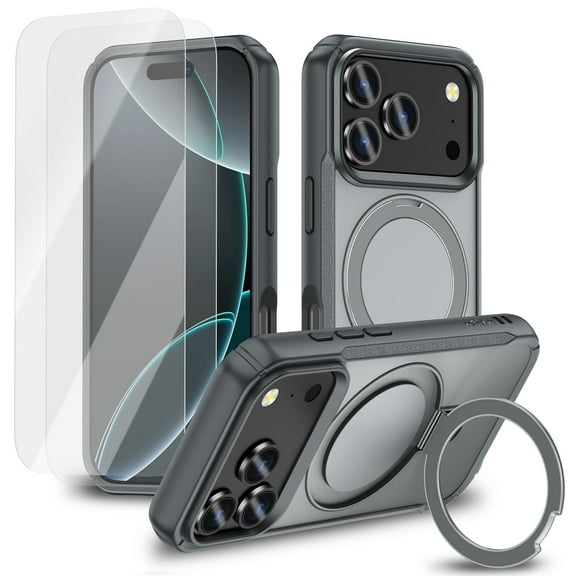 MALOM Kickstand Matte Case with 2 Screen Protectors – Slim Shockproof Anti-Fingerprint Phone Case with Stand for iPhone 17 Pro (Gray)