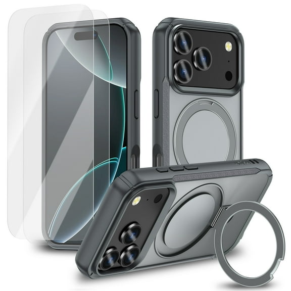 MALOM Kickstand Matte Case with 2 Screen Protectors – Slim Shockproof Anti-Fingerprint Phone Case with Stand for iPhone 17 Pro Max (Gray)