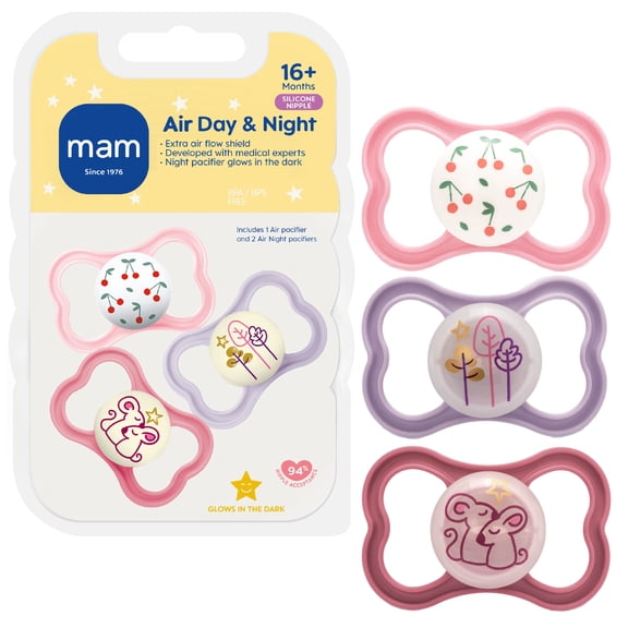 MAM Air Night & Day Baby Pacifier, For Sensitive Skin, Glows in the Dark, 3 Pack, 16+ Months, Girl