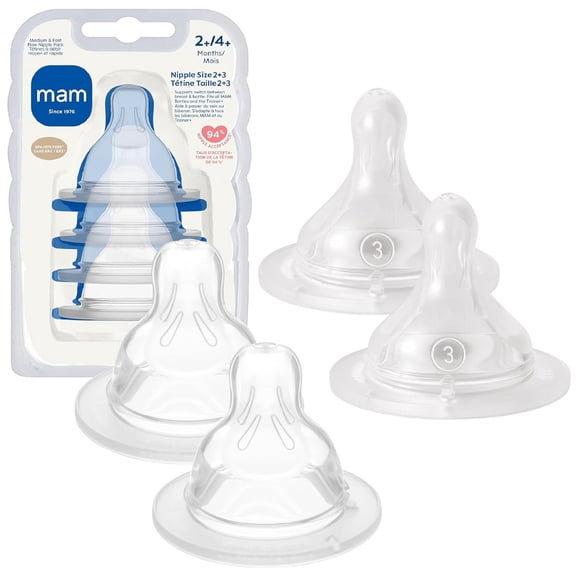 MAM Bottle Nipples Mixed Flow Pack - Medium Flow Nipple Level 2 and Fast Flow Nipple Level 3, for Newborns and Older, SkinSoft Silicone Nipples for Baby Bottles, Fits All MAM Bottles, 4 Pack