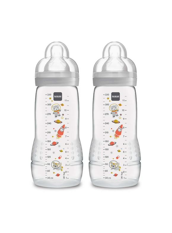 MAM Easy Active Bottle 11 oz (2-Count), Fast Flow Bottles, 4+ Month, Unisex, Gray Unisex 2 Count (Pack of 1)