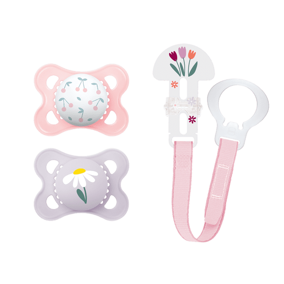 MAM I Love Mommy Collection Pacifiers (2 pack, 1 Pacifier Clip), MAM Pacifier 0-6 Months, Baby Girl Pacifier, Best Pacifier for Breastfed Babies