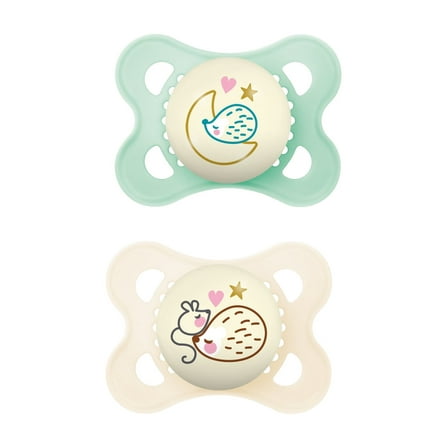 MAM Night Pacifier, 0-6 Months, Unisex, 2 Pack with Self-Sterilizing case