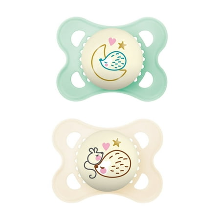 MAM Night Pacifier, 0-6 Months, Unisex, 2 Pack with Self-Sterilizing case