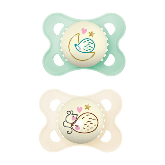 MAM Night Pacifier, 0-6 Months, Unisex, 2 Pack with Self-Sterilizing case