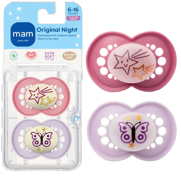 MAM Night Pacifier, 6-16 Months, Girl, 2 pack