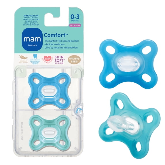MAM Pacifiers, Baby Pacifier 0-4 Months, Best Pacifier for Breastfed Babies, 'Comfort' Design Collection, Boy, 2-Count, Blue