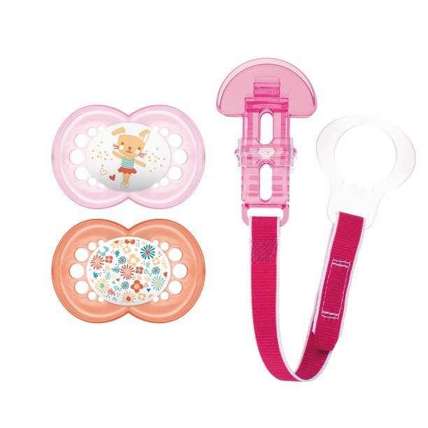 MAM Pacifiers and Baby Pacifier Clip, Baby Pacifier 16+ Months and Baby Pacifier Clip, Best Pacifier for Breastfed Babies, 'Pearl' Design Collection, Girl, 3-Count